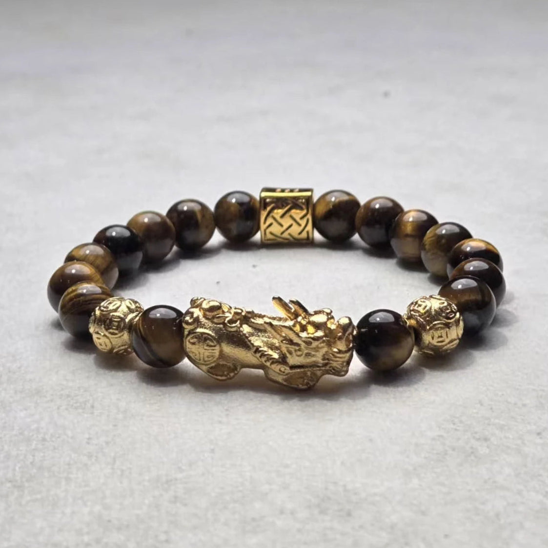 Tiger's Eye Pi Xiu Wealth Bracelet with Ancient Coin | Stone Beads for Good Fortune & Success