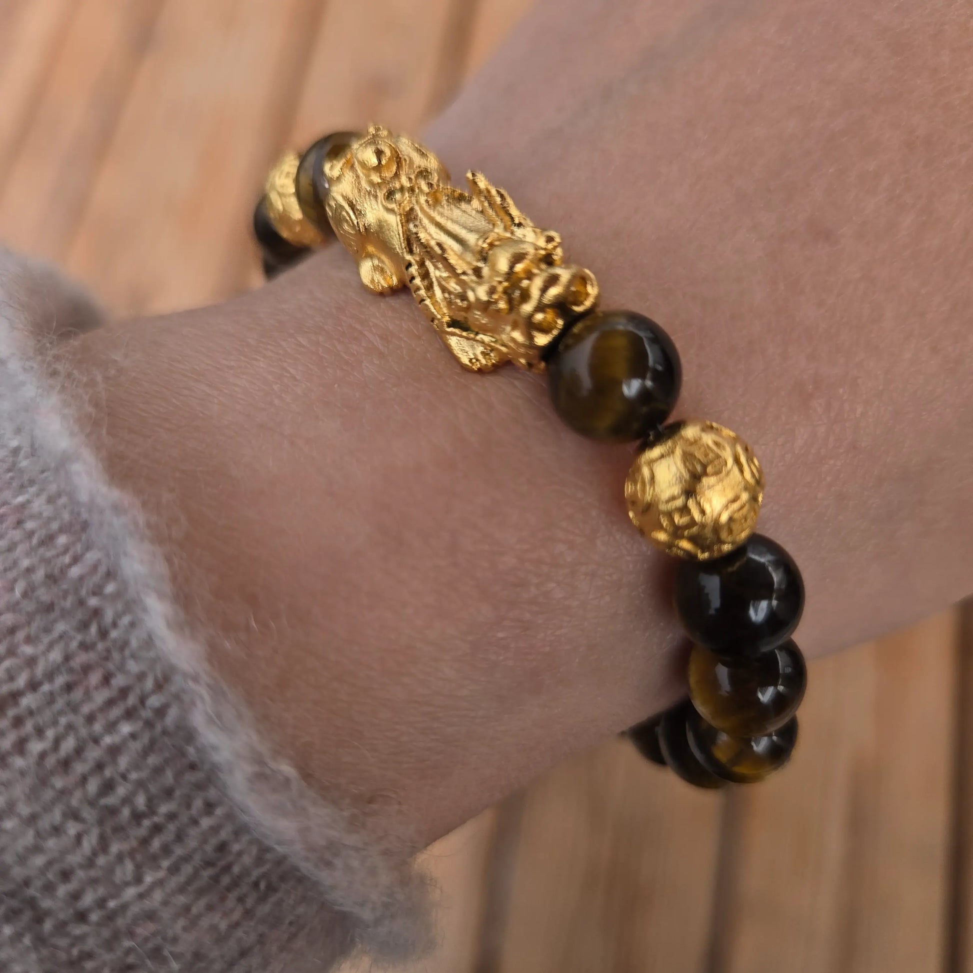 Natural Golden Tiger Eye Beads Close-up - Pi Xiu Guardian Charm and Ancient Coin Detail for Attracting Fortune - 8fortune