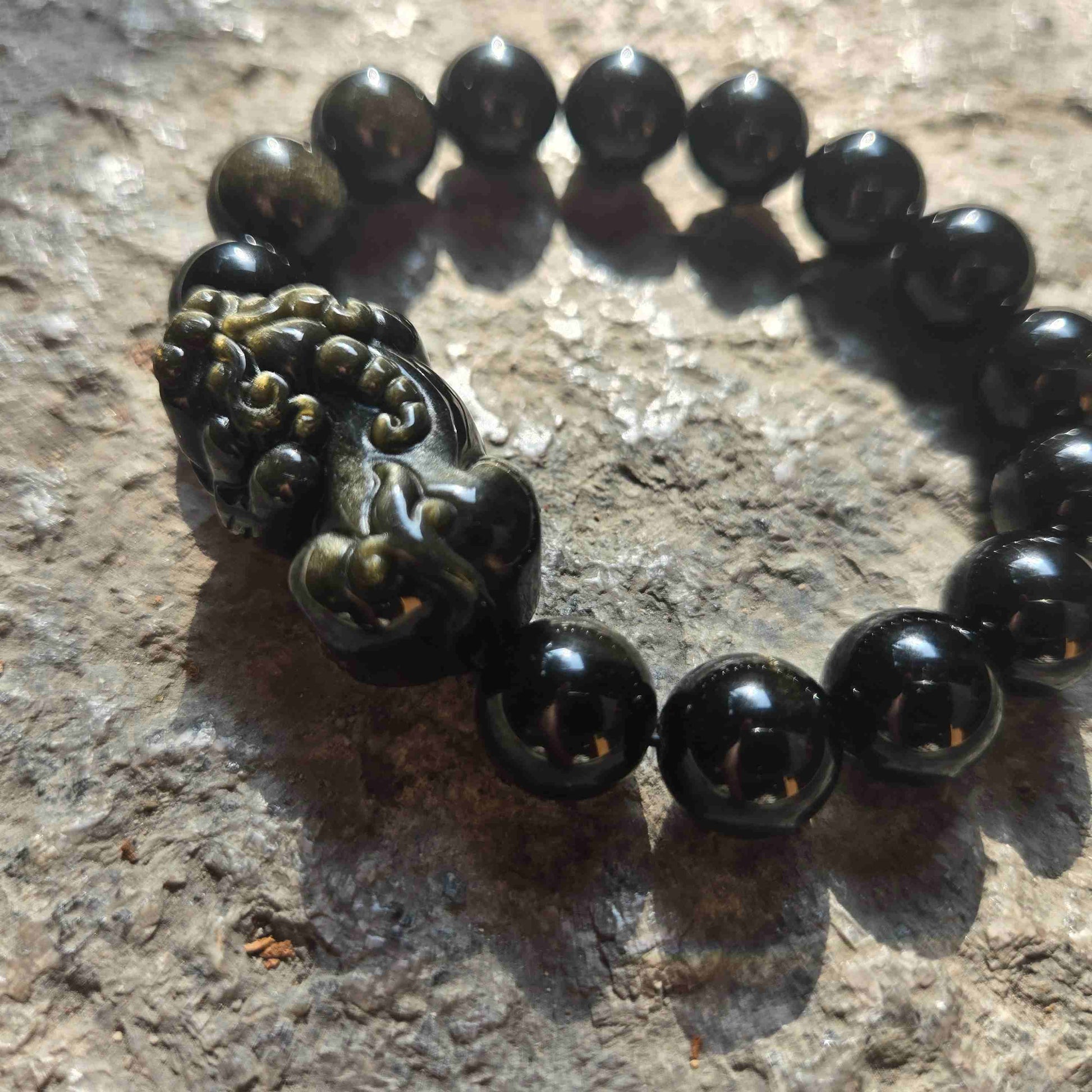 Close-up Detail of Golden Obsidian Beads - Natural Metallic Sheen and Crystal Structure in Five Elements Bracelet - 8fortune