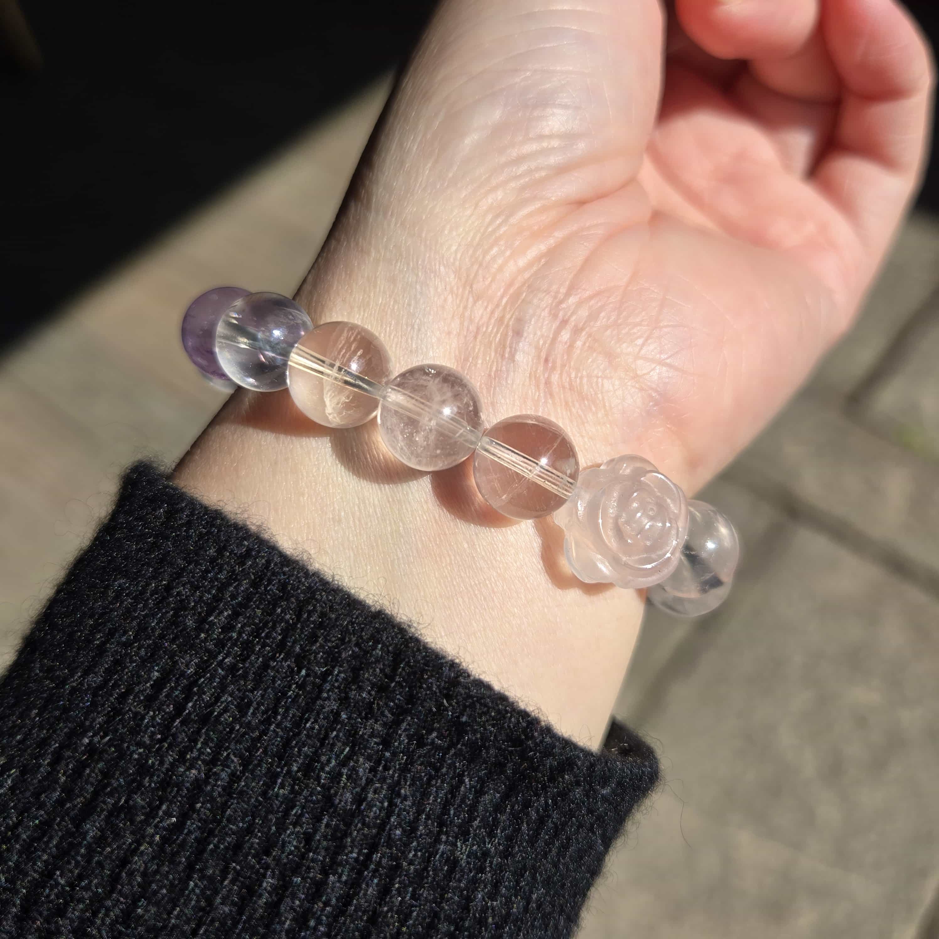 Natural Star Rose Quartz Pink Crystal Bracelet with Amethyst and Pink Crystal Rose（10mm） | Designer Limited Edition Collection
